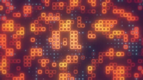 Glowing orange square outlines and small blue dots form a colorful digital .. Stock Footage 341398689