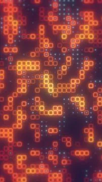 Glowing orange square outlines and small blue dots form a colorful digital .. Stockillustratie