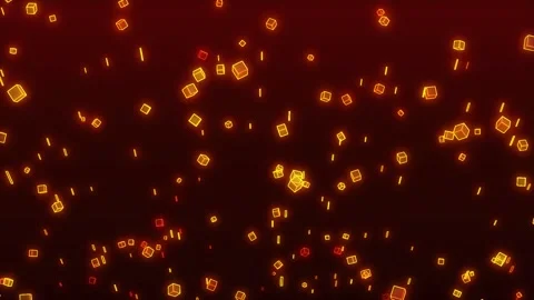 Glowing orange squares fly in endless space and particles flicker around them. 動画素材 293472407