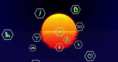 Glowing orange sun reflecting over ocean horizon, with green hexagonal recycling 스톡 일러스트