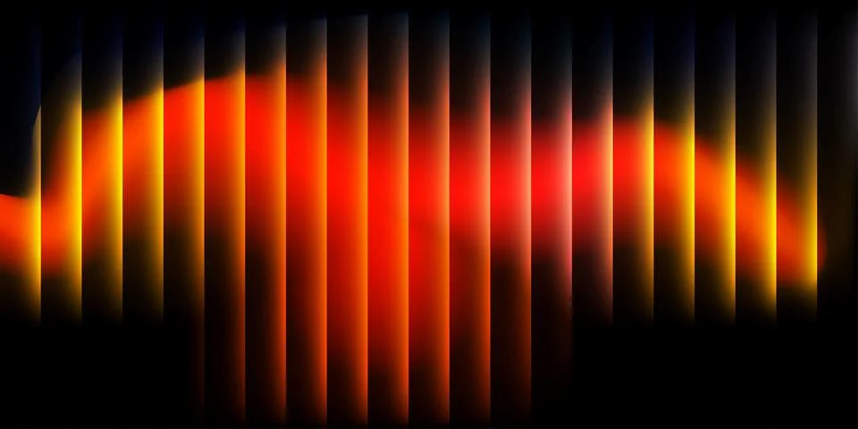 Glowing orange wave behind vertical black slats. Modern digital light effec.. Stock Illustration