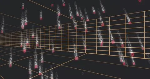 Glowing orange wireframe grid receding into cyberspace, showing binary columns 스톡 일러스트