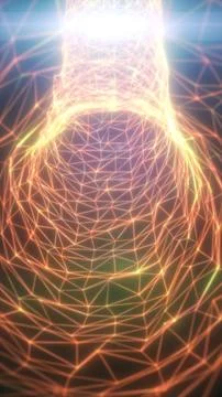 Glowing orange wireframe lines form an abstract futuristic tunnel with geom.. Stock Illustration