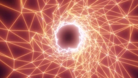 Glowing orange wireframe network surrounds a dark circular portal Stock Footage 337185637