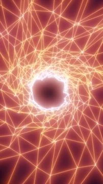 Glowing orange wireframe network surrounds a dark circular portal, creating.. Illustrazione stock