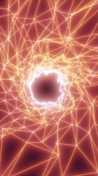 Glowing orange wireframe network surrounds a dark circular portal, creating.. Stock Illustration