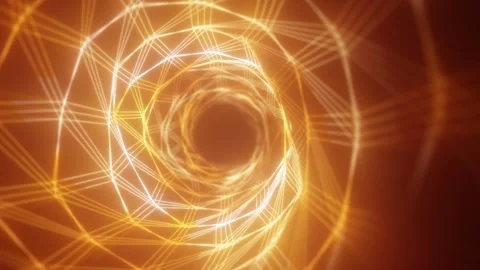 Glowing orange wireframe vortex tunnel with geometric lines and depth Stock Footage 331084828