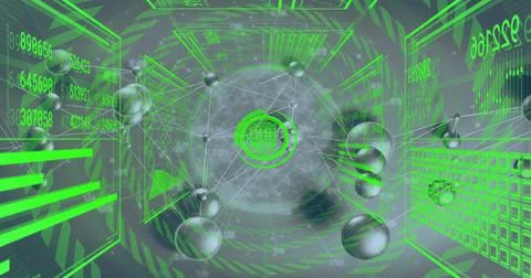 Glowing orb displaying ringed readouts in cyberspace tunnel, with metallic nodes 스톡 일러스트