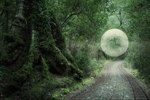Glowing orb floating in forest over binary code path Stock Photos