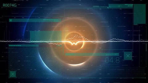 Glowing orb pulsing with waveform rising and falling on data spikes updating Stock Footage 310151465