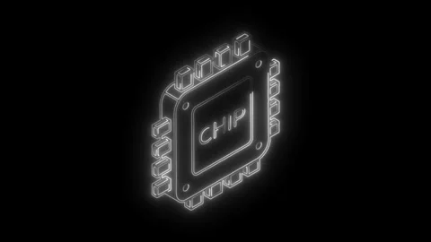 Glowing outline of an isometric processor chip on black background Video stock 308192383