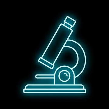 Glowing outline of a microscope icon on a black background Stock Illustration