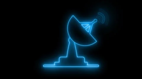 Glowing outline of a satellite dish antenna on a black background, showing .. Vídeo Stock 337079545