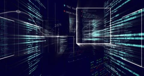 Glowing outlined rectangular code panel floating toward center in virtual data Stockillustratie