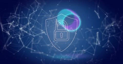 Glowing outlined shield with padlock icon radiating security in network space, Stock Photos