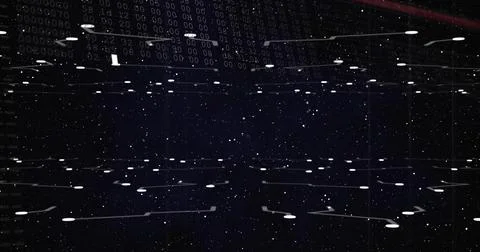 Glowing oval LED lights on thin rods forming tunnel in gallery, reflecting floor イラスト素材
