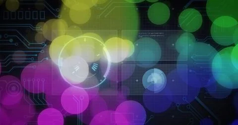 Glowing overlapping bokeh circles forming central cluster over dark grid, Stockillustratie