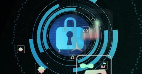 Glowing padlock floating in UI, with binary code, CO?, recycling, droplet, イラスト素材