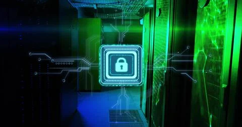 Glowing padlock icon hovering over data center corridor, projecting circuit Foto stock