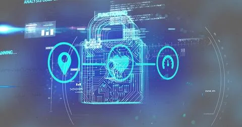 Glowing padlock icon pulsing in digital dashboard with location pin, gauge, Stock Photos