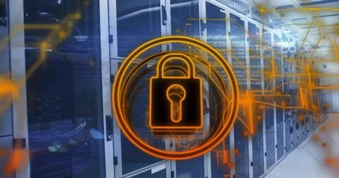 Glowing padlock icon showing data security in server room, with network cables Stock Photos
