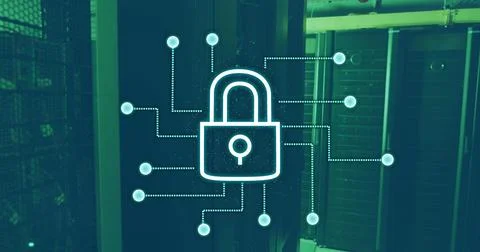 Glowing padlock network graphic radiating node connections across data center, Illustrazione stock