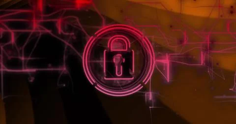 Glowing padlock pulsing inside concentric rings on cybersecurity dashboard, イラスト素材