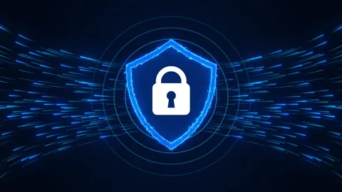 Glowing padlock on shield icon, Data protection with futuristic tech Stock Footage 347929109