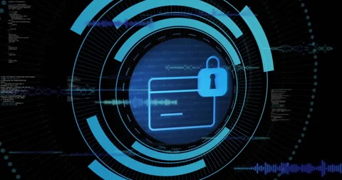 Glowing padlocked folder icon hovering, showing rotating 3D HUD rings and Stock Footage 309100474