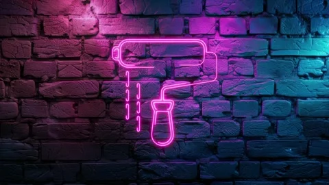 Glowing Paint Roller Icon neon icon on brick wal Stock Footage 276168922