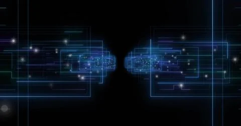 Glowing paired neon blue rectangular clusters facing central gap in black voi イラスト素材