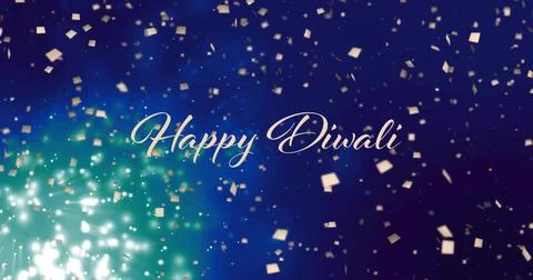 Glowing pale-gold cursive Happy Diwali floating on digital card, with teal Stock Illustration