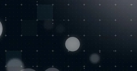 Glowing pale orb floating right on dark digital interface grid, plus marks, 스톡 일러스트