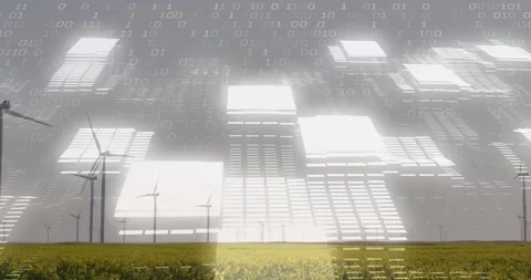 Glowing panels materializing above wind farm drifting down to form binary code 動画素材 317128685