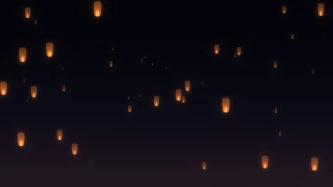 Glowing paper sky lanterns floating up into the night sky, 4K seamless loop Stock Footage 347569796