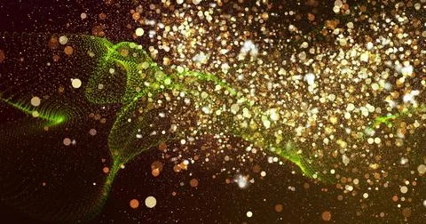 Glowing particle cloud and green dotted ribbon moving across digital dark space, Stock Illustration