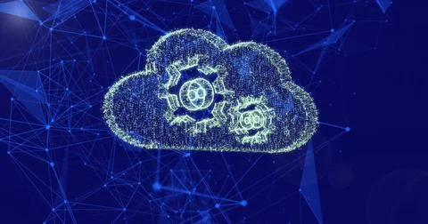 Glowing particle cloud containing two gear icons pulsing in virtual cyberspace Stock Illustration