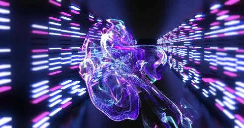 Glowing particle cloud drifting through virtual tunnel, with repeating magenta イラスト素材