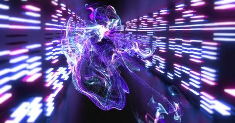 Glowing particle cloud pulsing and gliding through neon data tunnel, with Stock Illustration