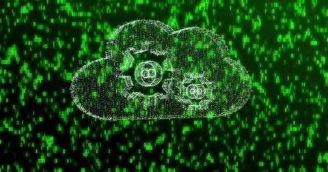 Glowing particle cloud showing two white gears in virtual cyberspace, with green Stock Illustration