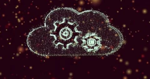 Glowing particle-formed cloud holding two gears while pulsing in digital space, Illustrazione stock