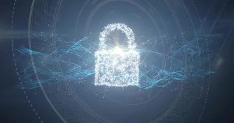 Glowing particle padlock floating in abstract cyberspace, emitting bright 스톡 일러스트