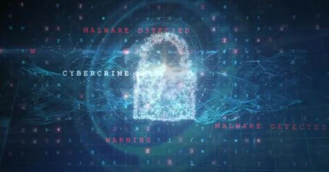 Glowing particle padlock hovering over cyber console, showing CYBERCRIME label Stock Illustration