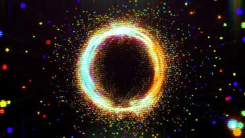 Glowing Particle Ring Portal Effect with Glitch Bokeh Light Background Stock Illustration