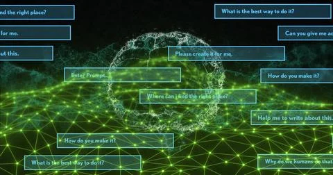 Glowing particle torus hovering at center above green wireframe grid, blue chat Illustrazione stock