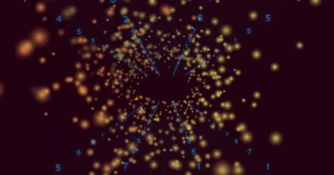 Glowing particle tunnel spinning in data visualization, with yellow-orange or Stock Illustration