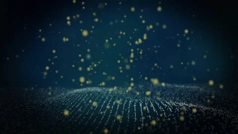 Glowing particles animating over digital landscape with grid pattern in Stock Footage 329710076