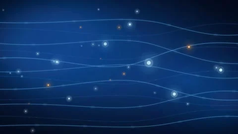 Glowing particles floating along blue wavy lines representing data network .. Stock Footage 347625864