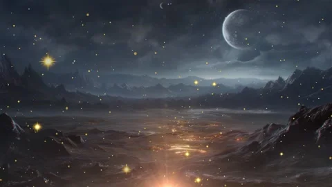 Glowing particles floating over a dark rocky landscape under a crescent moon in Video stock 338326371