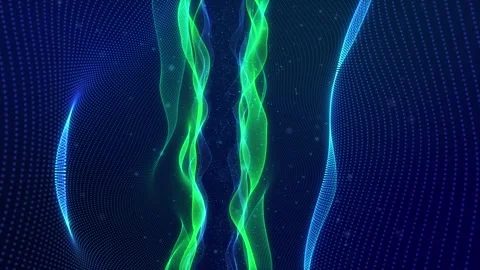 Glowing particles form surfaces with waves, layered blue green structure. Looped Stock Footage 261088106